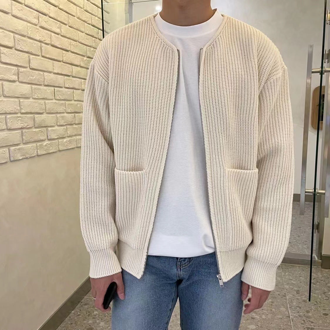 Premium Herren Zip-Up Cardigan - Funnel Neck Strickpullover
