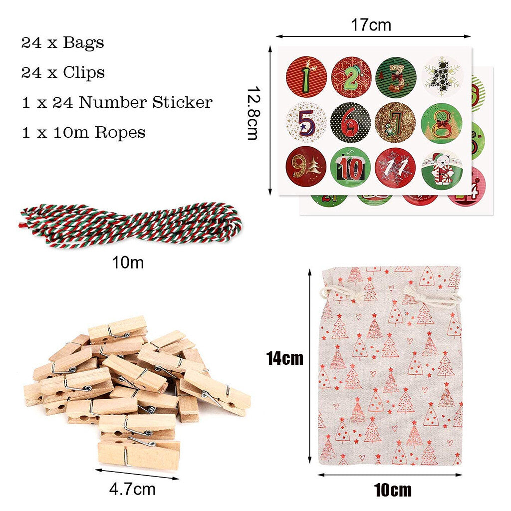 Premium Weihnachts-Adventskalender Set - 24 Jute-Geschenktaschen mit Seil & Clips