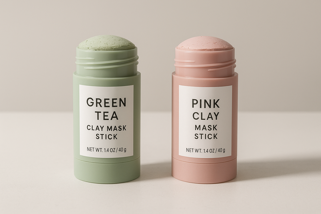 Professional product photo with both green and pink clay mask sticks